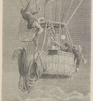 “Mr. Glaisher insensible at the height of 7 miles,” wood engraving by Charles Leplante, depicting the plight of the Mammoth on Sep. 5, 1862, in Travels in the Air, by James Glaisher, 1871 (Linda Hall Library)