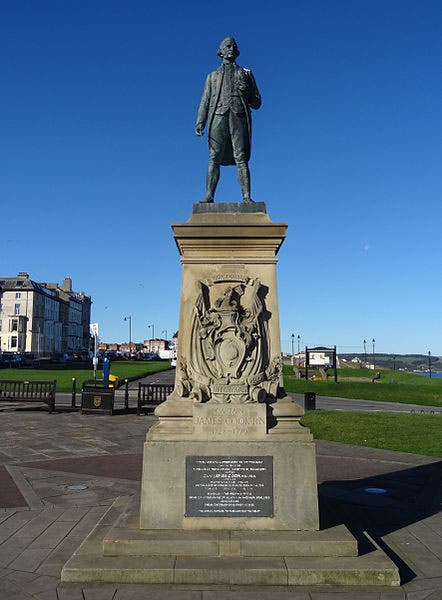 Statue of James Cook in Whitby, Yorkshire. There is a relief of the Whitby-built bark, Endeavour, on the other side of the base (Wikimedia commons)