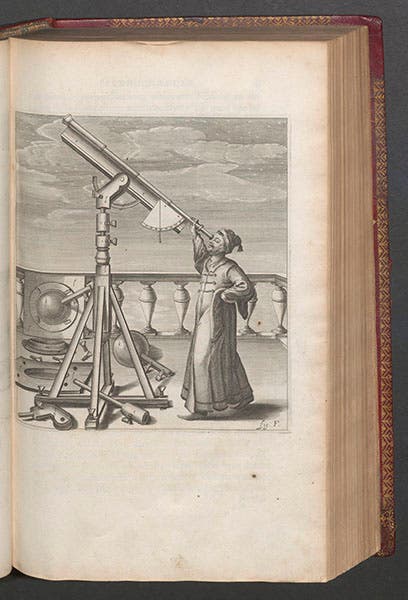 Johannes Hevelius looking through one of his small telescopes, in Johannes Hevelius, Selenographia, 1647 (Linda Hall Library)