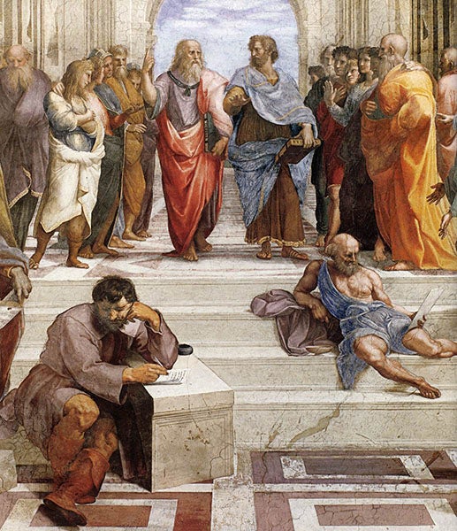Heraclitus (left foreground) and Diogenes the Cynic (right foreground), with Plato and Aristotle under the arch, detail of The School of Athens, by Raphael, 1510-11, Stanza della Segnatura, Palazzi Pontifici, Vatican (wga.hu)