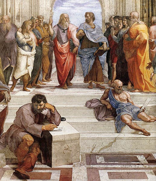 Heraclitus (left foreground) and Diogenes the Cynic (right foreground), with Plato and Aristotle under the arch, detail of The School of Athens, by Raphael, 1510-11, Stanza della Segnatura, Palazzi Pontifici, Vatican (wga.hu)