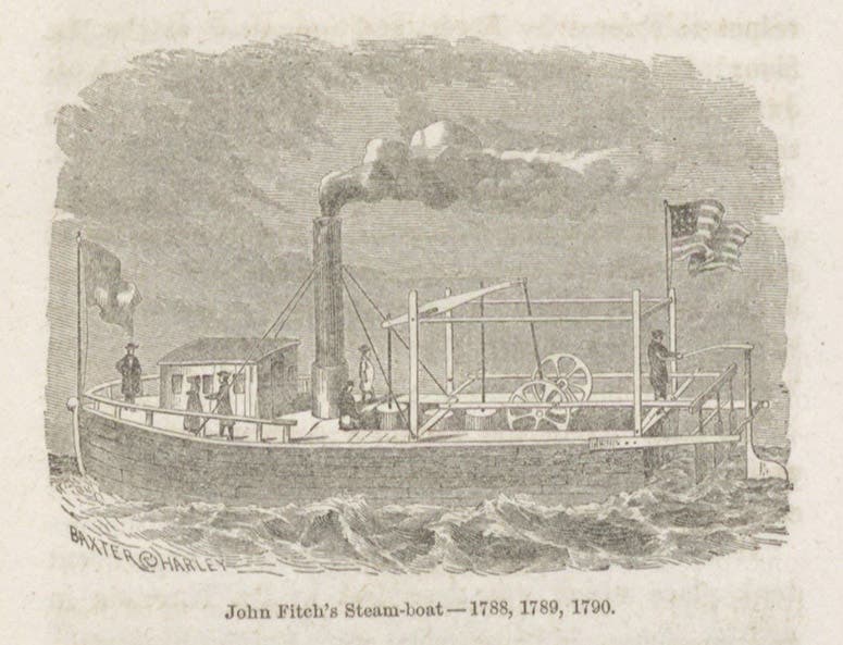 Steamboat of 1788-90, built by John Fitch, with horizontal oars at the stern, wood engraving in The Life of John Fitch, the Inventor of the Steamboat, by Thompson Westcott, p. 284, 1857 (Linda Hall Library)