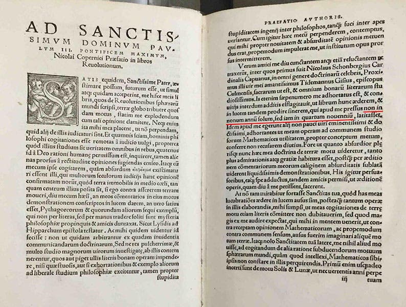Copernicus’s dedicatory letter to Pope Paul III in his book De revolutionibus (1543), noting that he had waited to publish his heliocentric theory “not only for nine years but even for four times nine years.” (Linda Hall Library)