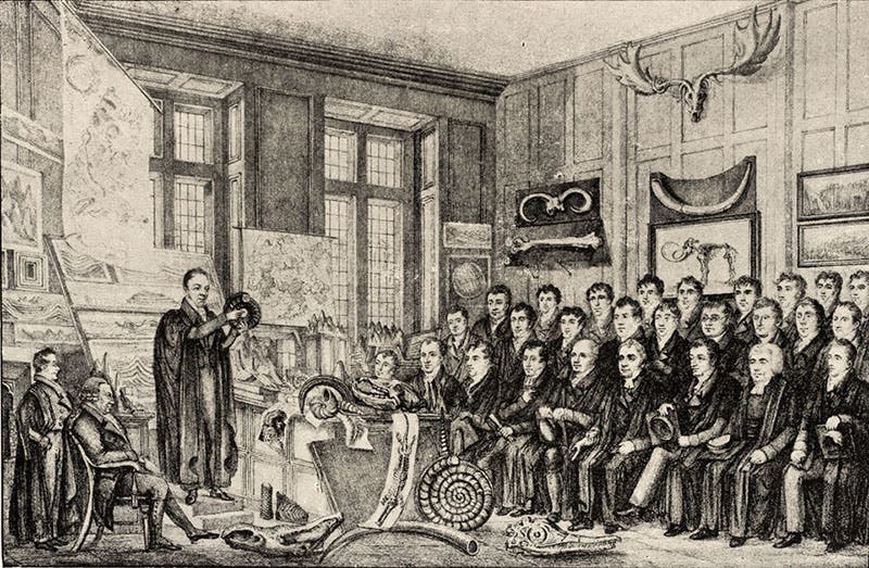 William Buckland discussing fossils with a class in the Old Ashmolean building, Oxford, 1820s, engraving, reproduced in The Life and Correspondence of William Buckland, by Elizabeth Gordon, 1894 (Linda Hall Library)