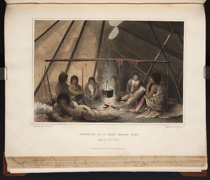 “Interior of a Cree Indian tent,” hand-colored engraving, John Franklin, Narrative of a Journey to the Polar Sea, 1823 (Linda Hall Library)