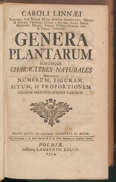 Title page, Genera plantarum, by Carl Linnaeus, 5th ed., revised by the author, 1754 (Linda Hall Library)