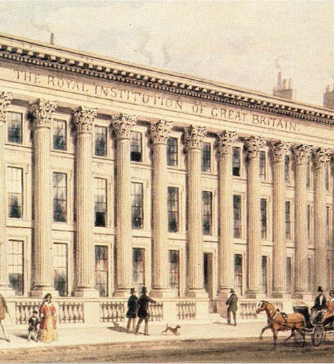 Façade of the Royal Institution of Great Britain, Albemarle Street, London, engraving, 1838 (Wikimedia commons)