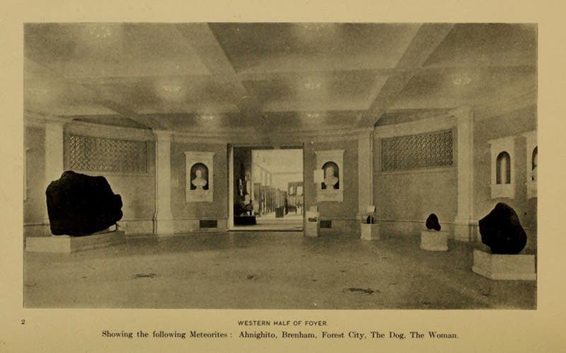 The three Cape York meteorites on display in a foyer at the American Museum of Natural History, Edwin Hovey, The Foyer Collection of Meteorites, Amerian Museum of Natural HistoryGuide Leaflet no. 26, 1907 (archive.org)