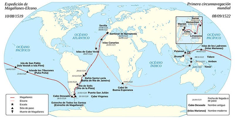 Map of the circumnavigation of Magellan/Elcano, 1519-22 (labels in Spanish); the path in red marks the part of the voyage under Elcano’s command (r/MapPorn on reddit.com)