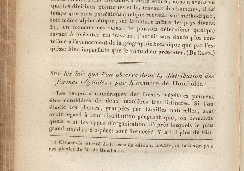 Last page of  “Géographie botanique,” by Augustin de Candolle, Dictionnaire des sciences naturelles, ed. by Frédéric Cuvier, vol. 18, p. 422, 1820, with De Candolle’s name in parentheses, and the beginning of an article by Alexander von Humboldt on plant geography (Linda Hall Library)