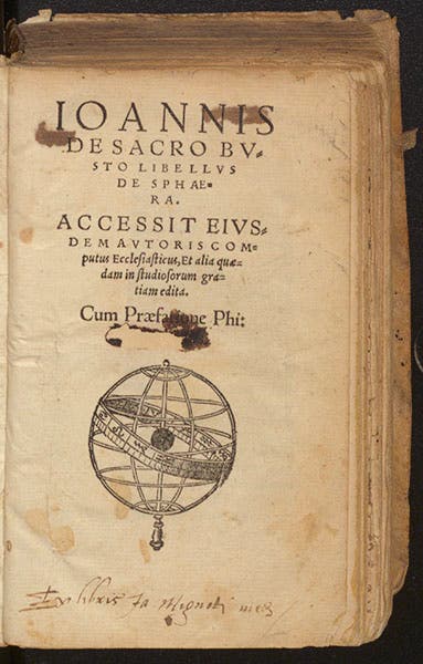 Title page of Libellus de Sphaera, by Joannes de Sacrobosco et al., 1553, with the name Melanchthon burned out (Linda Hall Library