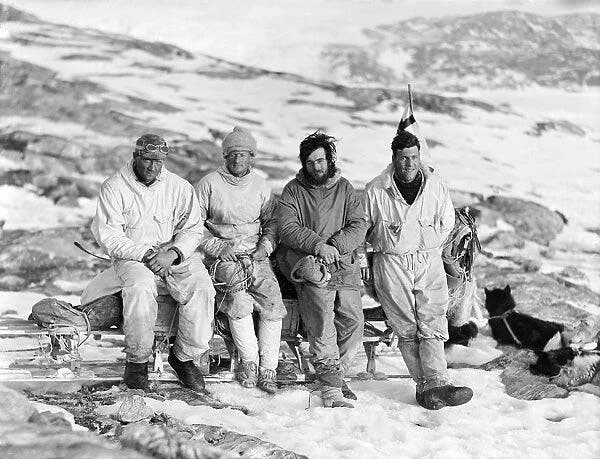 John Rymill, Gino Watkins, Augustine Courtauld and Freddie Chapman (left to right), after Courtauld’s rescue from his winter quarters in May 1931, photo by Henry Iliffe Cozens, 1931, Scott Polar Research Institute (spriprints.com)