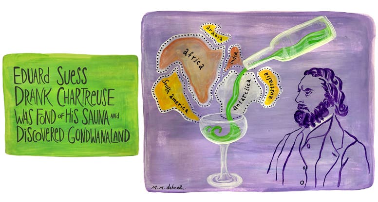 Eduard Suess, clerihew by the author, calligraphy and gouache drawing by Melissa Dehner (©Melissa Dehner)