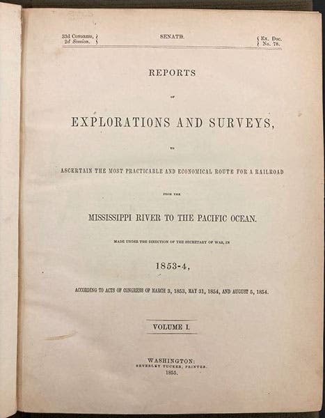 Title page of vol. 1 of the Pacific Railroad Reports, directed by John James Abert, 1855 (The Linda Hall)