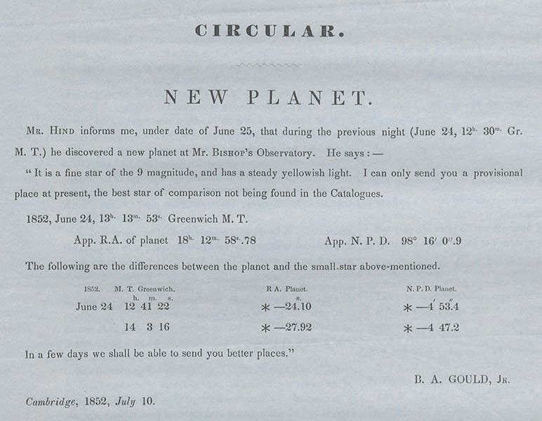 Blue single-heet circular announcing the discovery of 18 Melpomene on June 24, 1852, by John Russell Hind, mailed out by Benjamin Abthorp Gould on July 10, 1852 (Linda Hall Library)