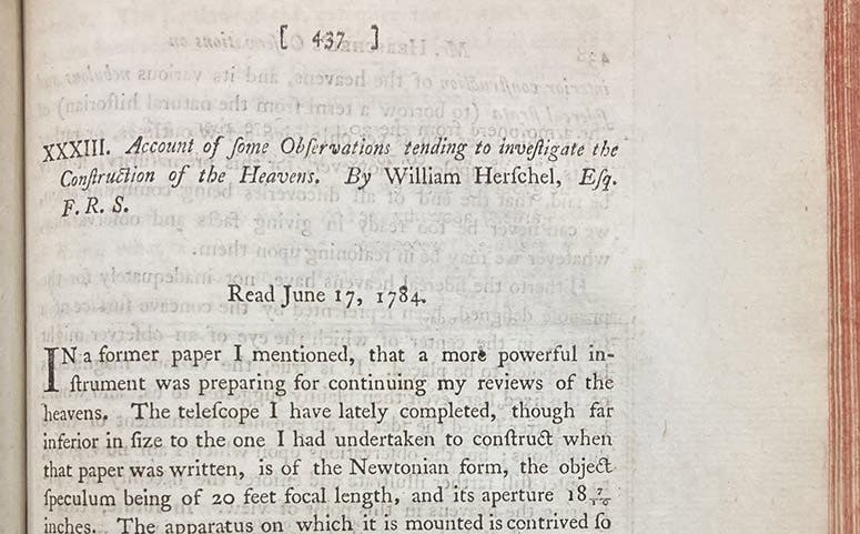 First paragraph of "Account of some Observations tending to investigate the Construction of the Heavens," by William Herschel, Philosophical Transactions of the Royal Society of London, vol. 74, p. 437, 1784 (Linda Hall Library)