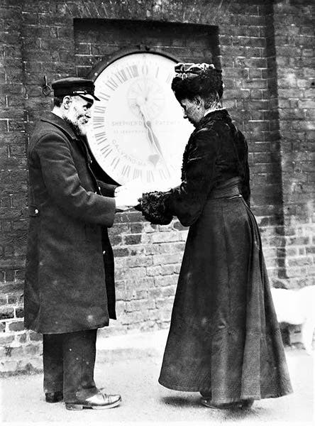Ruth Belville at the Shepard Gate Clock at Greenwich Observatory, 1908 (Wikimedia commons)