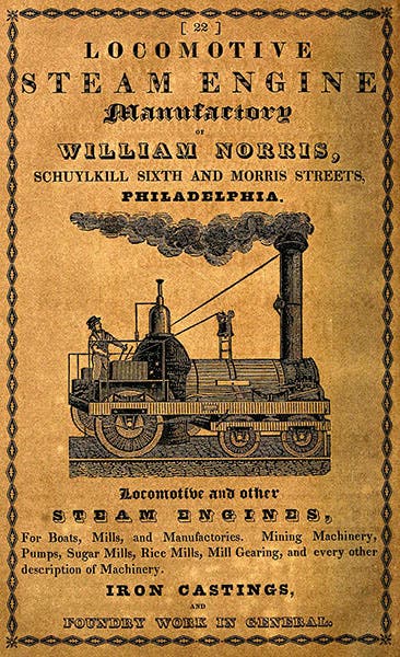Advertisement for the Locomotive Steam Engine Manufactory of William Norris, with a Norris 4-2-0 pictured, 1842 (Wikimedia commons)