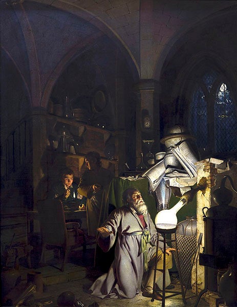 The Alchemist Discovering Phosphorus, oil painting, by Joseph Wright, 1771, Derby Museum and Art Gallery (Wikimedia commons)