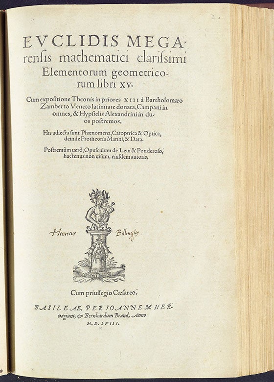 Title page of an edition of Euclid’s Elementorum formerly owned by Henry Billingsley, with his signature on the title page, 1558 (Princeton University Library via maa.org)