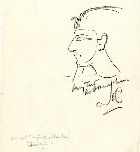 Drawing of King Tut “as I knew him,” by Howard Carter, 1926 (Wikimedia commons)