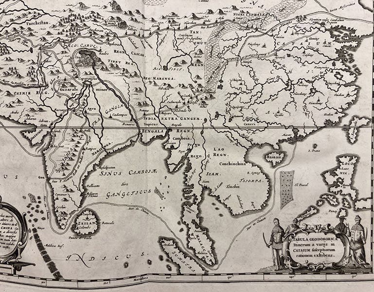 Map showing the route taken by Ricci from Goa on the west coast of India to Macau, on the southern coast of China, detail of a larger engraving, China monumentis… illustrata, by Athanasius Kircher, p. 12, 1667 (Linda Hall Library)