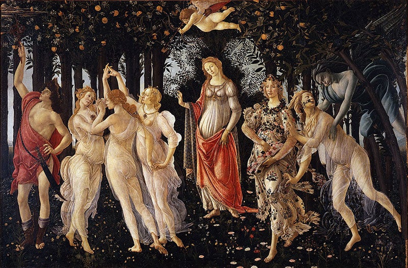 Primavera, tempera on panel by Sandro Botticelli, Uffizi Gallery, Florence, ca 1482 (Wikimedia commons)