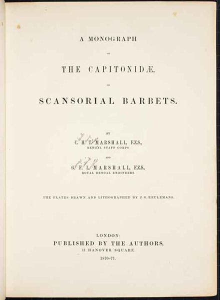 Title page, A Monograph of the Capitonidae, or Scansorial Barbets, by Charles H.T. Marshall and George F.L. Marshall, 1870 (Linda Hall Library)