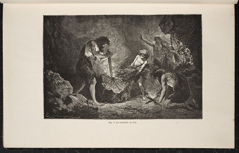 The conquest of fire, wood engraving after drawing by Émile Bayard, in L'homme primitive, by Louis Figuier, 1870 (Linda Hall Library)