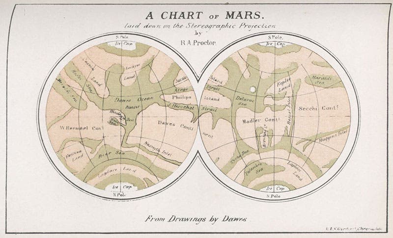 Complete map of Mars, by Richard A. Proctor, tinted lithograph in his Other Worlds than Ours, fifth London ed., 1882 (Linda Hall Library)