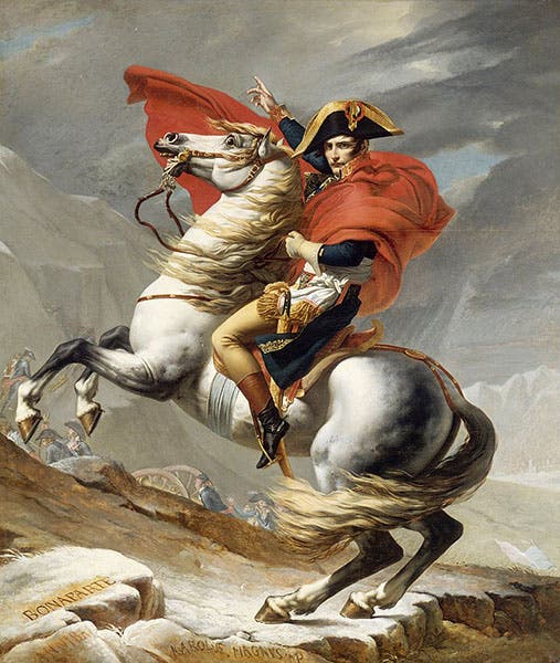 Napoleon Crossing the Alps, oil on canvas, by Jacques-Louis David, 1802, Palace of Versailles (Wikimedia commons)