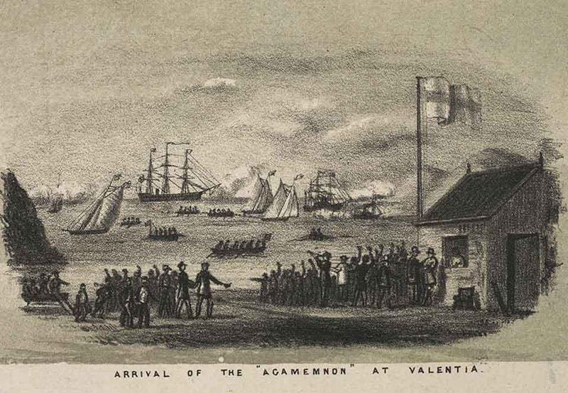 Arrival of the Agamemnon at Valentia, Ireland, with the eastern end of the 1858 cable, lithograph in Laying the Atlantic Telegraph Cable from Ship to Shore, by John R. Isaac, 1857-58 (Linda Hall Library)