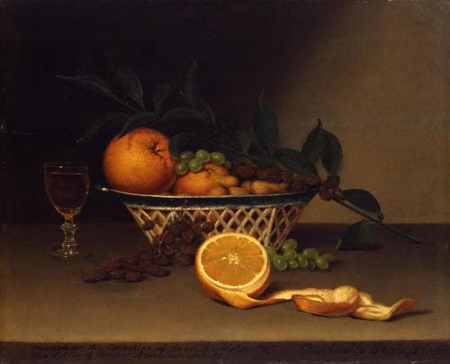Still Life with Oranges, by Raphaelle Peale, oil on wood panel, ca 1818 (Toledo Museum of Art)