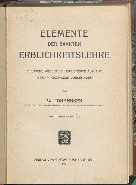 Title page, Elemente der exakten Erblichtkeitslehre, by Wilhelm Johannsen, 1909 (Linda Hall Library)
