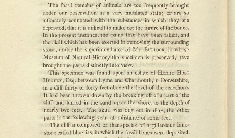 Detail of second page by paper by Everard Home, naming the sources of the fossil being discussed, without mentioning the discoverer, Mary Anning, Philosophical Transactions of the Royal Society of London, vol. 106, 1816 (Linda Hall Library)