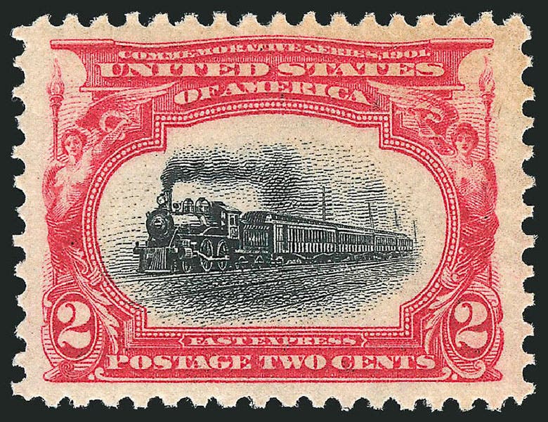 2-cent red and black “East Express”, U.S. postage stamp, Pan-American Exposition issue, 1901, designed by Raymond O. Smith (usphila.com)
