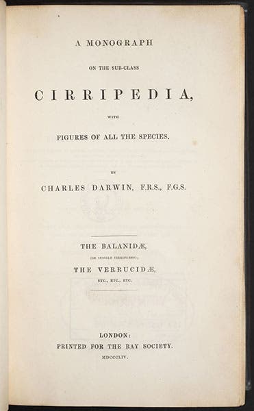 Title page, A Monograph on the Sub-Class Cirripedia, with Figures of All the Species, Vol. 2: The Balanidae, by Charles Darwin, 1854 (Linda Hall Library)