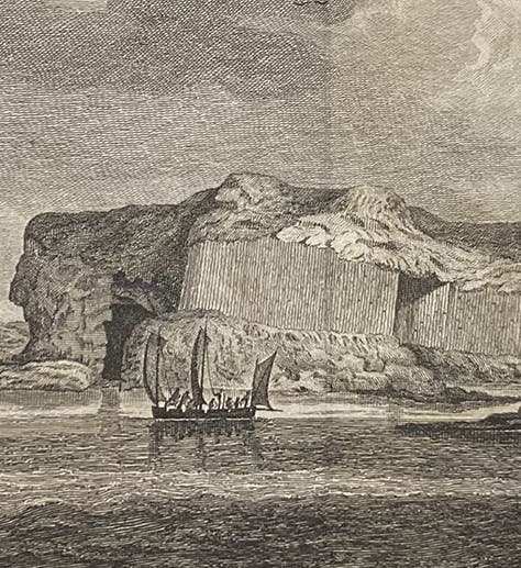 The isle of Staffa, detail of an engraving after a drawing by James Miller, in A Tour in Scotland, and Voyage to the Hebrides; MDCCLXXII, by Thomas Pennant, vol. 1, pl. 27, p. 262, 1774 (Linda Hall Library)