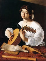 The Lute Player (detail), oil on cavas, by Caravaggio, 1596-1600, Metropolitan Museum of Art; it does NOT depict Vincenzo Galilei (wga.hu)