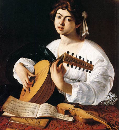 The Lute Player (detail), oil on cavas, by Caravaggio, 1596-1600, Metropolitan Museum of Art; it does NOT depict Vincenzo Galilei (wga.hu)