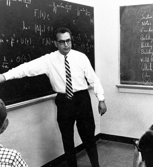 Murray Gell-Mann in the classroom at Caltech, photograph, 1966, Caltech archives (digital.archives.caltech.edu)