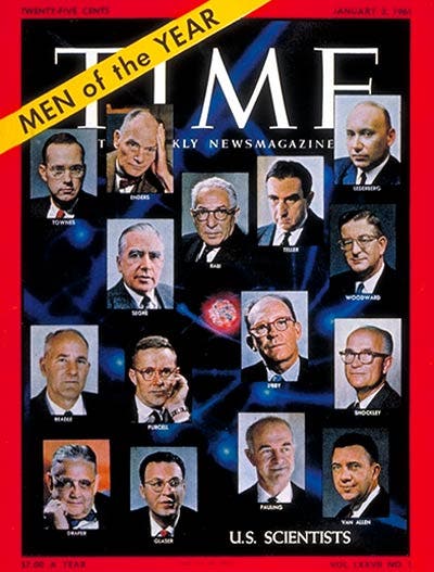 Time Magazine’s “Men of the Year” cover, Jan. 2, 1961, honoring 15 scientists. Willard Libby is just to the right of the atom in the center of the cover (content.time.com)
