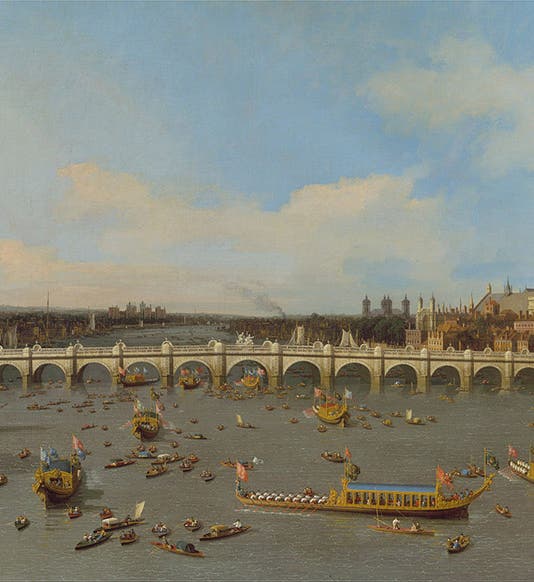Westminster Bridge, with the Lord Mayor's Procession on the Thames, oil on canvas, by Canaletto, 1747, Yale Center for British Art (Wikimedia commons)