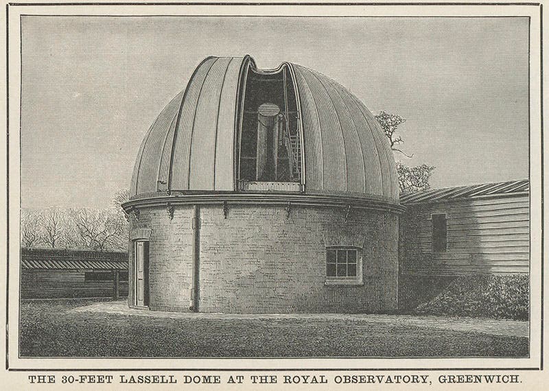 The 24”, 20-foot reflector built for William Lassell, in the later-built Lassell Dome of the Royal Observatory at Greenwich, 1889 (Linda Hall Library)