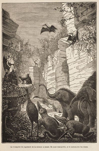 “The trumpet of judgement of science has sounded,” and prehistoric animasl have been resurrected,  wood engraving, in Le monde avant la création de l'homme, by Camille Flammarion, 1886 (Linda Hall Library)