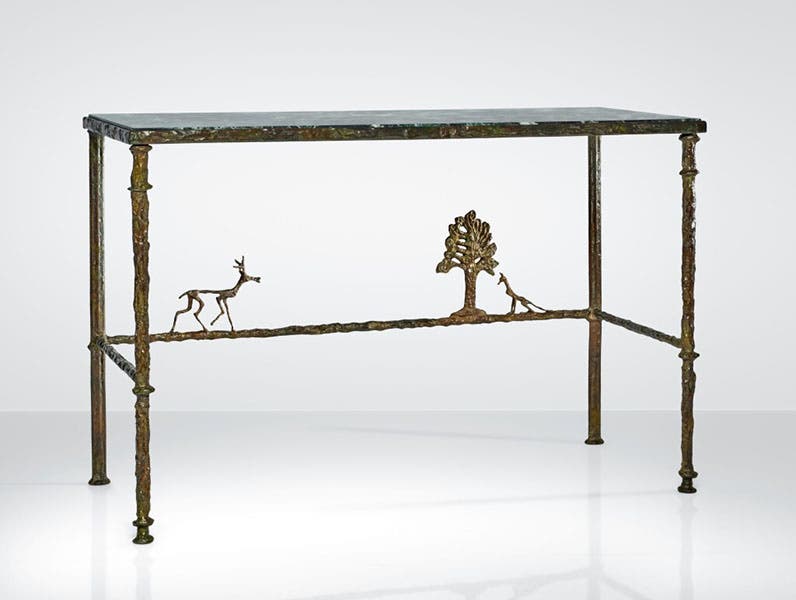 Cert et renard (stag and fox (and tree)), patinated bronze console by Diego Giacometti, 1972, sold at Sotheby’s auction, June 9, 2022 (sothebys.com)