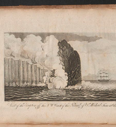 A new volcanic island emerges from the sea west of St. Michael, from John W. Webster, <i>Description</i>, 1821 (Linda Hall Library)