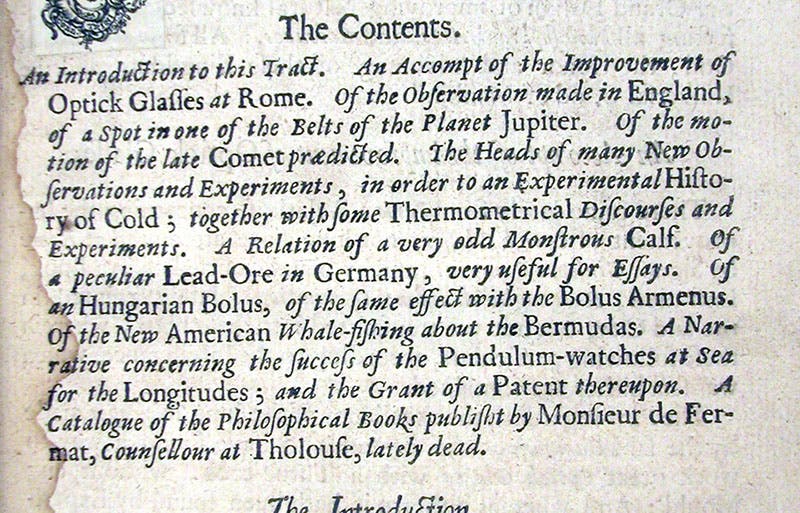 Table of contents of issue no. 1, detail of second image, Philosophical Transactions, edited by Henry Oldenburg, Mar. 6, 1665 (Linda Hall Library)