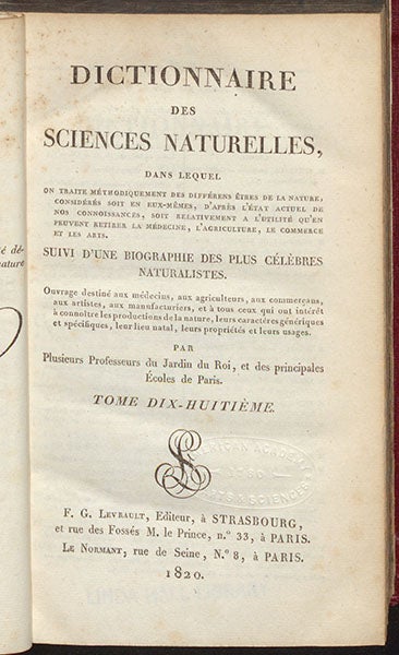 Title page of Dictionnaire des sciences naturelles, ed. by Frédéric Cuvier, vol. 18, p. 359, 1820 (Linda Hall Library)
