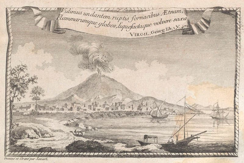 Detail of sixth image, an ancient eruption of Mount Etna in Sicily, engraved title-page vignette, Barthélemy Faujas-de-Saint-Fond, Recherches sur les volcans éteints du Vivarais et du Velay, 1778 (Linda Hall Library)